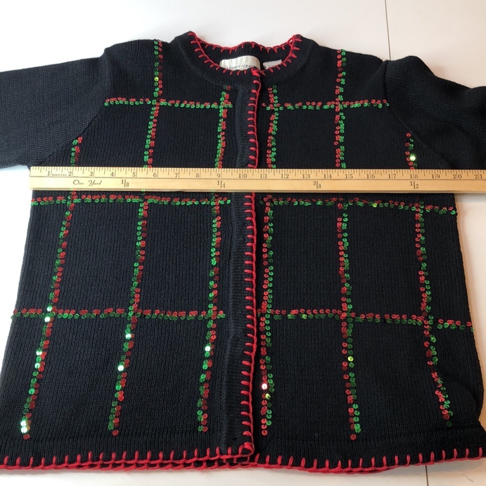 Vintage LEMON GRASS Festive Black Red Sequin Embellished Cardigan Sweater PM - Picture 9 of 13